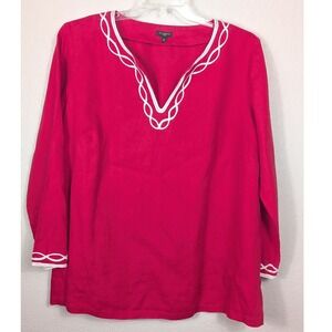 TALBOTS Red Linen V-Neck Tunic Top 3/4 Sleeve White Trip Plus Size 2X